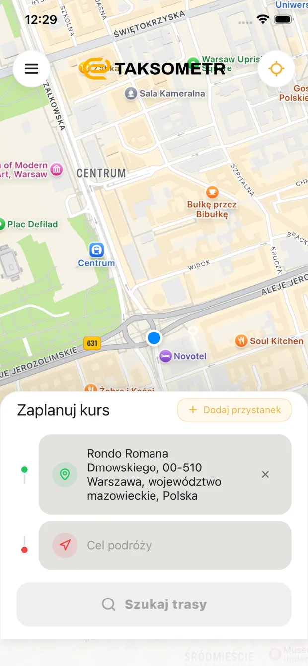 Ekran nowego kursu w aplikacji eTaksometr: mapa Warszawy z pozycją kierowcy i panel planowania trasy.
