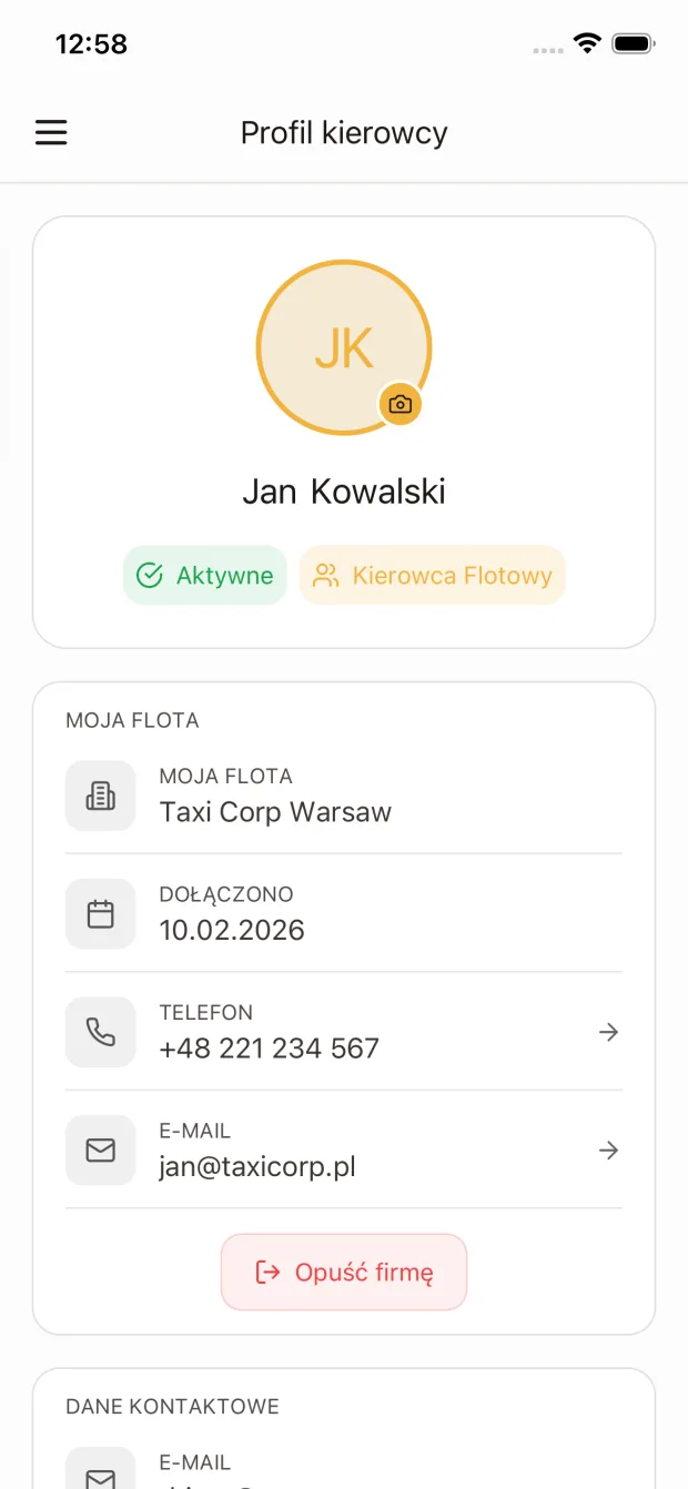 Profil kierowcy: imię i nazwisko, status konta, przypisana flota z datą dołączenia oraz dane kontaktowe.